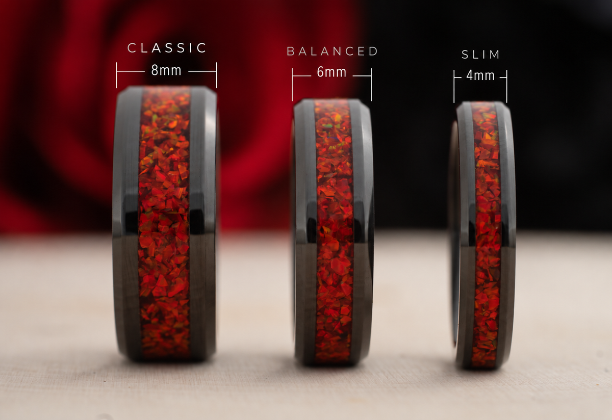 Three identical rings side by side, each marked with its width: 8mm Classic, 6mm Balanced and 4mm Slim