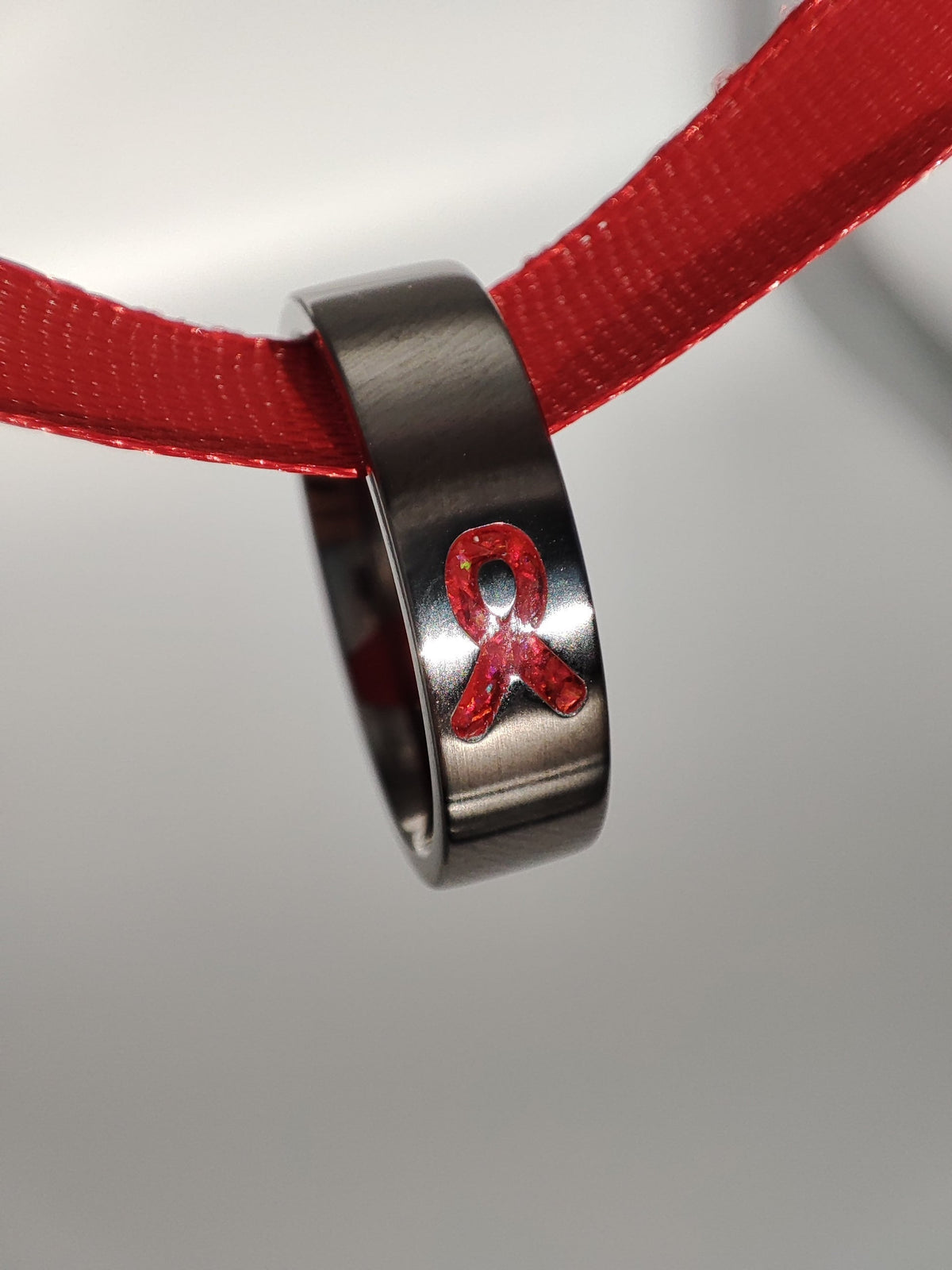 Red Awareness Ribbon Opal Ring - Titanium