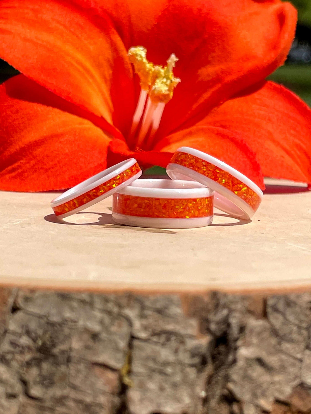 Orange Opal Inlay Ring - White Ceramic