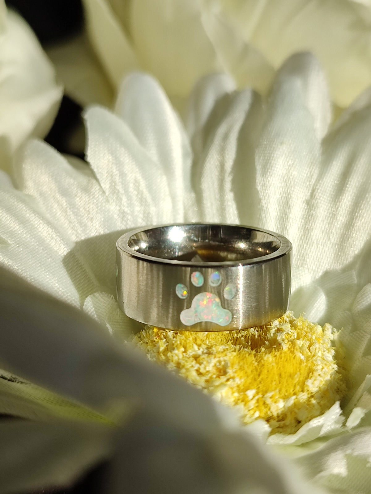 Custom Opal Paw Print Ring - Titanium