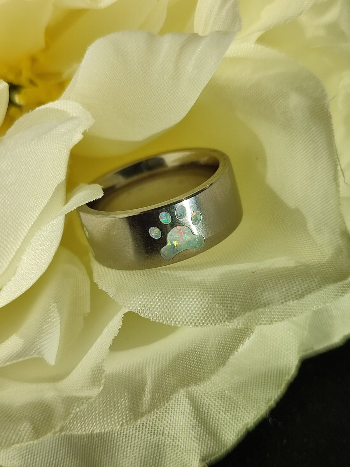 Custom Opal Paw Print Ring - Titanium