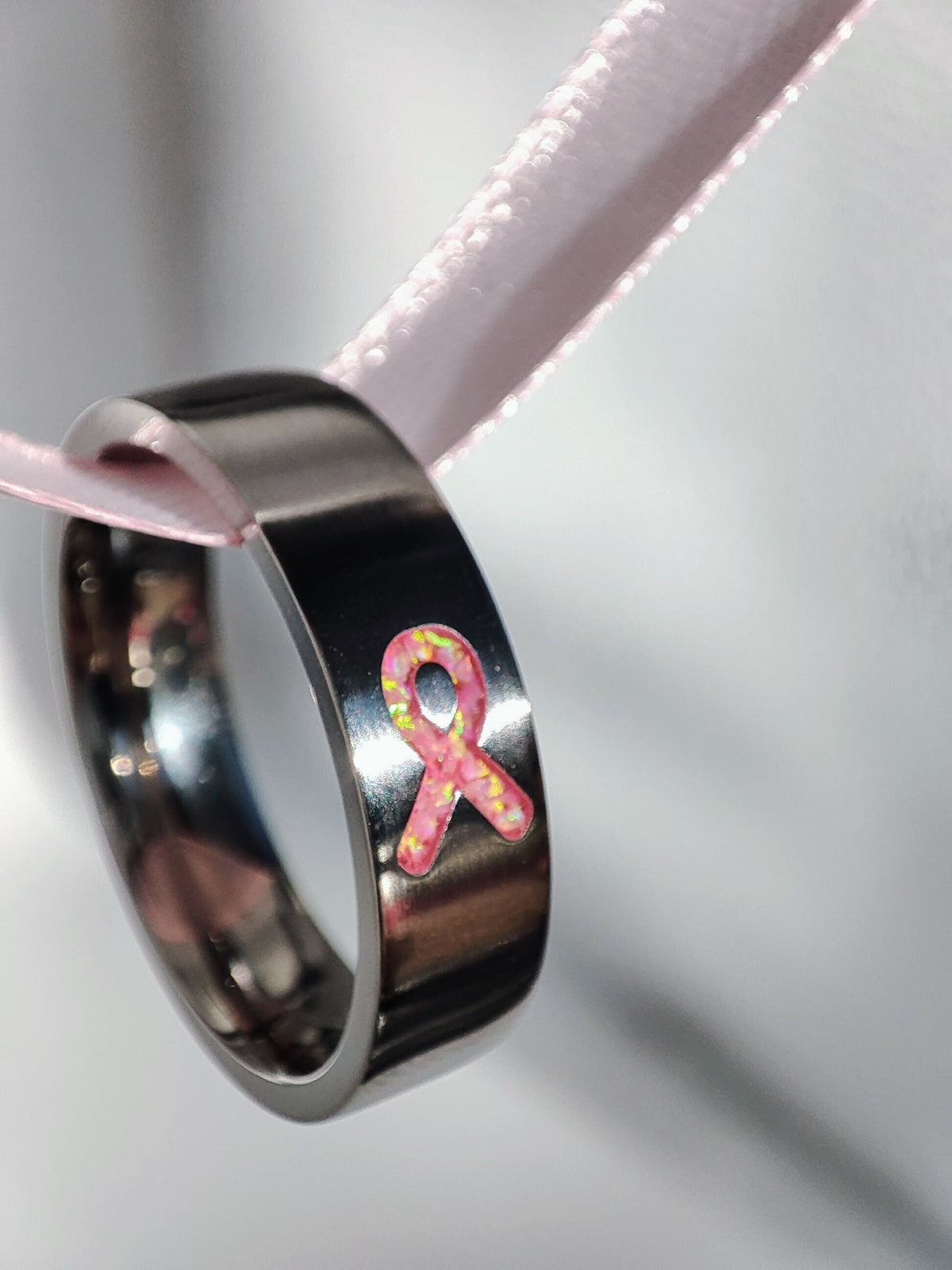Pink Awareness Ribbon Opal Ring - Titanium
